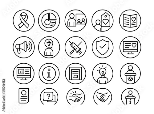 Line style icons of round health education and awareness: round awareness ribbon, round infographic icon, round health workshop, round public health tag, round brochure icon, round campaign badge,
