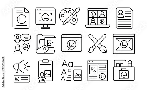 Line style icons of branding and identity in remote teams: brand guide, logo use, brand palette, remote brand strategy, company style, team brand assets, branded background, visual tone, design