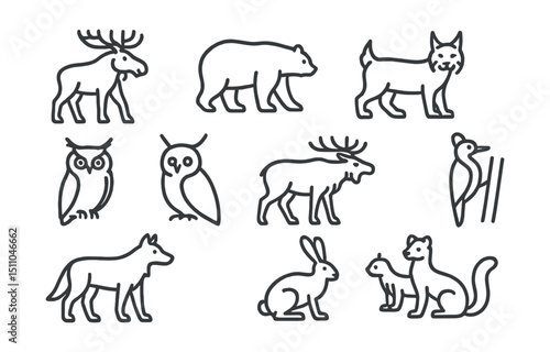 Line style icons of animals in the taiga biome: moose, brown bear, lynx, owl, wolverine, elk, wolf, hare, pine marten, woodpecker.
