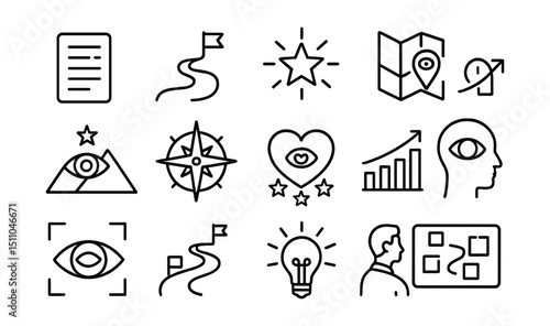 Line style icons of vision and mission: mission statement, vision path, guiding star, vision map, purpose icon, north star goal, company values, future goals, visionary icon, big picture, mission