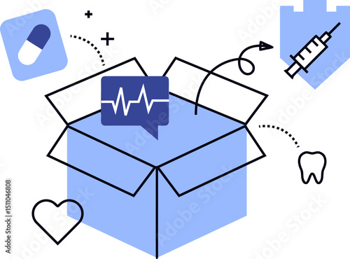 Medical healthcare box medicine doctor health dental syringe pill pulse treatment wellness care 100 vector art illustration