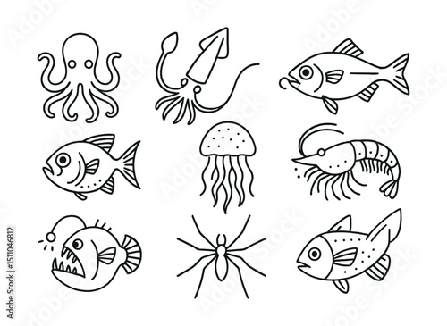 Line style icons of nocturnal sea life: octopus, squid, flashlight fish, hatchetfish, deep-sea jellyfish, glowing shrimp, anglerfish, sea spider, firefly squid, nocturnal reef fish.