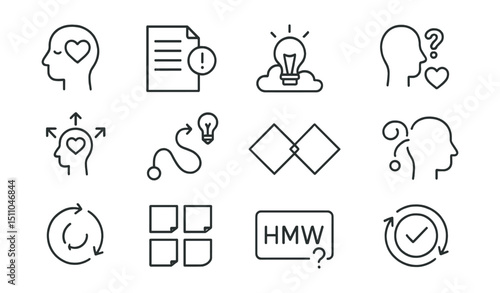 Line style icons of design thinking: empathize icon, define phase, ideate icon, prototype icon, test phase, human-centered design, innovation path, double diamond, user need, feedback loop, post-it