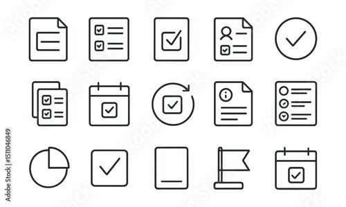 Line style icons of task management: task icon, task list, check task, assigned task, completed icon, task group, due date, recurring task, task details, task status, progress icon, checklist item,