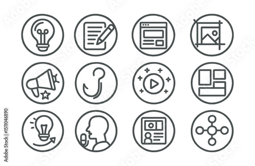 Line style icons of round creative content: round idea bubble, round copywriting icon, round design layout, round image crop, round brand story, round hook icon, round animation badge, round