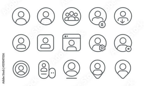 Line style icons of round user interface elements: round user tab, round profile tab, round avatar group, round profile bubble, round user dropdown, round user card, round profile modal, round user