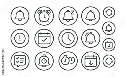 Line style icons of round reminders and tasks: round reminder icon, round alarm clock, round snooze icon, round recurring reminder, round overdue task, round daily task, round time slot, round
