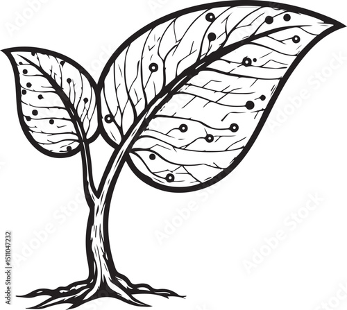 Line Art Drawing of a Young Plant Sprout with Detailed Leaves