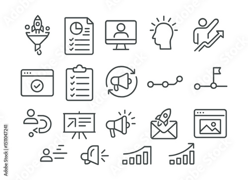 Line style icons of go-to-market strategy: launch funnel, marketing plan, user onboarding, awareness stage, activation icon, conversion event, GTM checklist, traction channel, campaign timeline,
