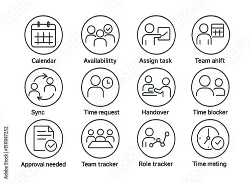 Line style icons of round team scheduling: round shared calendar, round team availability, round assign task, round team shift, round sync team, round time request, round overlap alert, round role