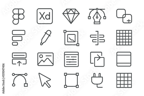 Line style icons of visual design tools: Figma icon, Adobe XD, Sketch app, pen tool, shape tool, layers panel, color dropper, artboard icon, align tool, pixel grid, spacing ruler, design preview,