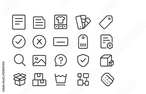 Line style icons of product details and specs: product title, short description, size chart, color options, price tag, availability status, brand name, item code, product specs, zoom icon, gallery