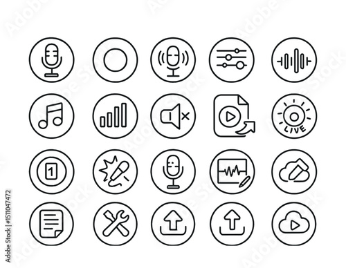 Line style icons of round audio content creation: round mic icon, round record audio, round podcast icon, round voice editor, round waveform icon, round background music, round audio level, round
