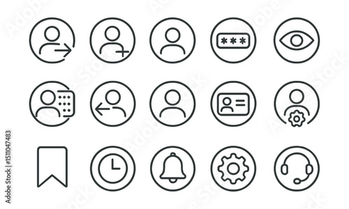 Line style icons of round user account and login: round login icon, round signup icon, round profile circle, round password field, round eye toggle, round 2FA icon, round logout icon, round avatar