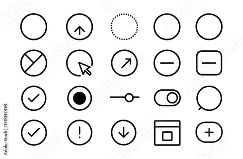 Line style icons of round interaction elements: round button icon, round call to action, round hover effect, round active state, round link click, round transition icon, round form field, round