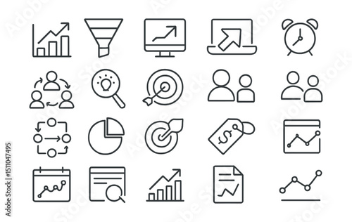 Line style icons of marketing analytics and metrics: chart icon, funnel report, conversion rate, bounce rate, session duration, user flow, data insight, goal completion, cost per lead, customer