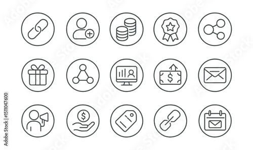 Line style icons of round affiliate and referral: round referral link, round invite friend, round commission icon, round referral badge, round sharing icon, round referral rewards, round network icon