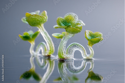 Three translucent seedlings with green leaves emerging from water against a gray background surface