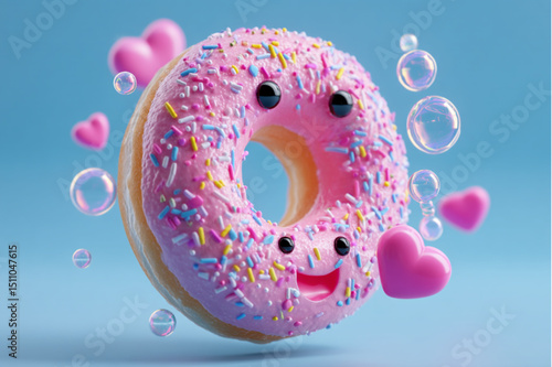 A smiling donut with pink frosting and sprinkles surrounded by hearts and bubbles on light blue background