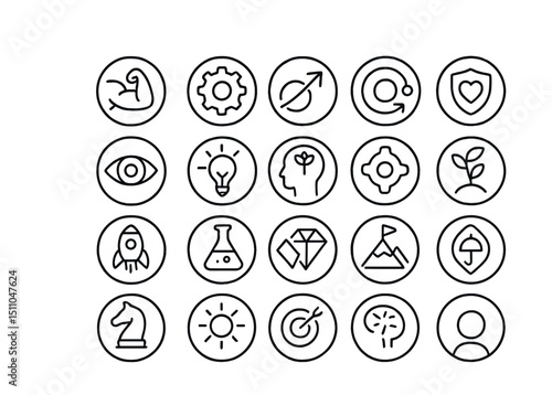 Line style icons of round startup mindset: round hustle icon, round grind mode, round fail forward, round iteration icon, round resilience badge, round vision circle, round passion spark, round