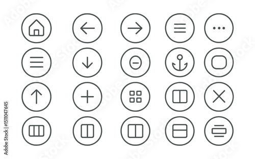 Line style icons of round app navigation: round home icon, round back icon, round forward icon, round menu icon, round hamburger icon, round bottom nav, round top nav, round tab switch, round drawer