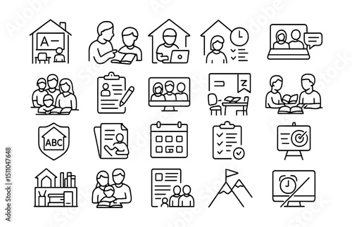 Line style icons of homeschooling and parents: home classroom, parent guide, learning at home, home schedule, online support, family study time, learning contract, parent dashboard, study zone,