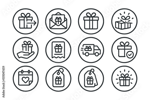 Line style icons of round gifting options: round send gift, round gift message, round gift wrapping, round surprise icon, round gift now, round gift receipt, round wish delivery, round date select,