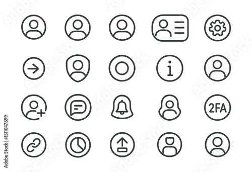Line style icons of round profile and user UI: round avatar icon, round user name, round profile photo, round user menu, round settings gear, round logout icon, round user badge, round online status,