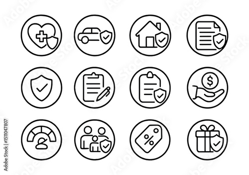 Line style icons of round insurance and protection: round health insurance, round car insurance, round home insurance, round policy icon, round protection plan, round insurance file, round claim