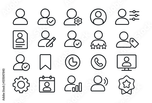 Line style icons of user profiles and personalization: user profile, avatar badge, profile settings, account icon, user preferences, profile form, edit user, profile status, subscription level,