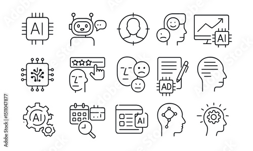 Line style icons of artificial intelligence in marketing: AI icon, chatbot assistant, smart targeting, data prediction, machine learning icon, recommendation engine, sentiment analysis, AI content