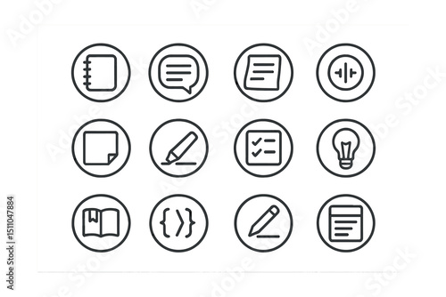 Line style icons of round notes and writing: round notebook icon, round text field, round quick note, round voice memo, round scratchpad, round highlight icon, round checklist note, round ideas