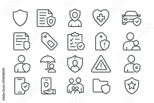 Line style icons of insurance and protection: shield icon, insurance file, life insurance, health insurance, car insurance, policy icon, premium tag, claim form, deductible tag, insured badge,