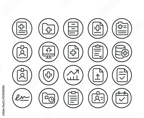 Line style icons of round medical records and data: round EHR icon, round health folder, round file archive, round digital record, round test results, round patient ID, round scan upload, round