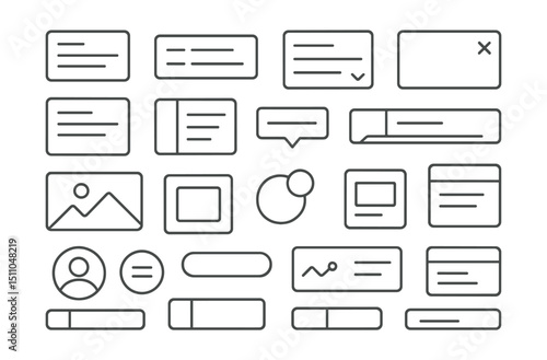 Line style icons of app UI components: card layout, list item, accordion icon, modal window, bottom sheet, side panel, tooltip icon, banner icon, image placeholder, icon block, badge icon, UI block,