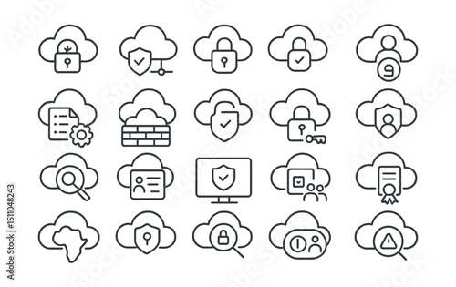 Line style icons of cloud security and privacy: encrypted cloud, secure connection, cloud lock, two-factor cloud, access management, IAM policy, firewall cloud, cloud compliance, data encryption,