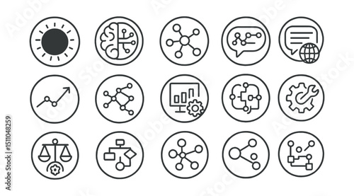 Line style icons of round artificial intelligence: round AI core, round brain chip, round machine learning, round deep learning, round prediction model, round neural path, round data training, round
