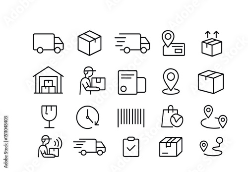 Line style icons of delivery and logistics: delivery truck, shipping box, express delivery, order tracking, in-transit icon, warehouse icon, courier icon, shipping label, delivery address, package