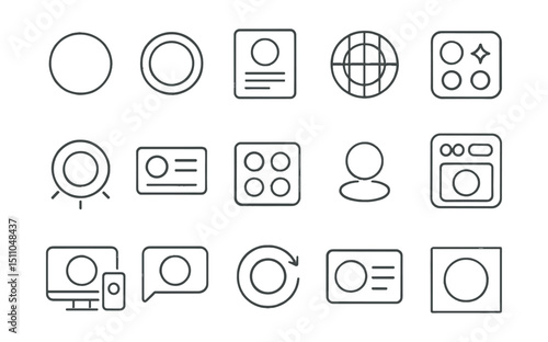 Line style icons of round branding design: round logo concept, round identity badge, round brand guideline, round logo grid, round type+icon, round branding icon, round business card, round brand
