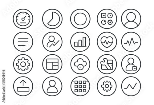 Line style icons of round user dashboard and control panel: round dashboard icon, round storage chart, round usage ring, round quick actions, round panel menu, round user stats, round performance bar