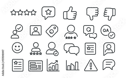 Line style icons of reviews and customer feedback: star rating, review bubble, write review, thumbs up icon, thumbs down icon, verified buyer, customer photo, feedback tag, product Q&A, emoji review,