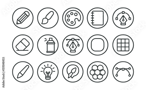 Line style icons of round creativity tools: round pencil icon, round paintbrush, round color palette, round sketchpad, round pen tool, round eraser icon, round spray can, round vector tool, round
