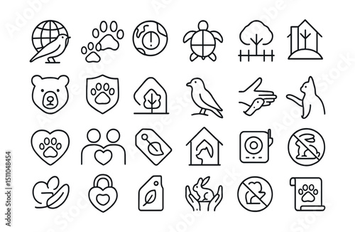 Line style icons of wildlife and animal welfare: wildlife icon, animal tracks, endangered icon, nature reserve, wild animal protection, animal sanctuary, sea turtle icon, anti-poaching tag, habitat