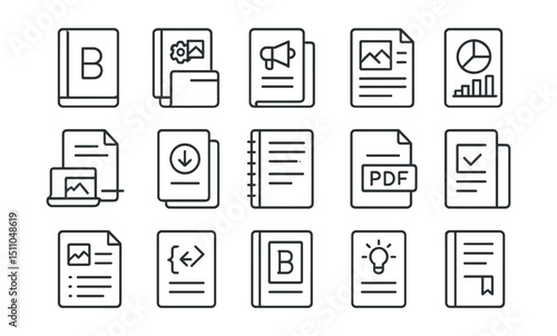 Line style icons of brand documentation and kits: brand book, media kit, press pack, style reference, tone chart, digital asset guide, download bundle, guidelines PDF, shareable pack, usage document,