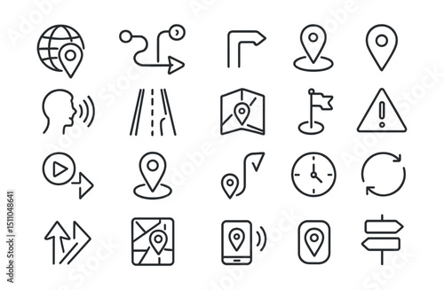Line style icons of traffic navigation and GPS: GPS icon, route planner, turn-by-turn icon, map marker, voice navigation, road guidance, real-time map, destination tag, trip start, arrival pin,