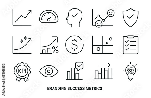 Line style icons of branding success metrics: brand equity graph, awareness score, recognition rate, sentiment chart, trust index, loyalty curve, engagement rate, recall percentage, branding ROI,