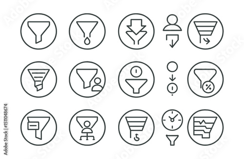 Line style icons of round funnel analytics: round funnel icon, round stage drop, round conversion step, round lead stage, round journey funnel, round user drop-off, round event series, round