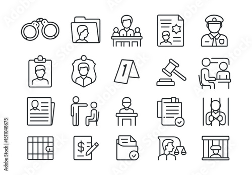 Line style icons of criminal law and justice process: handcuffs icon, criminal file, court trial icon, arrest warrant, defendant badge, prosecutor badge, crime scene tag, law enforcement, criminal
