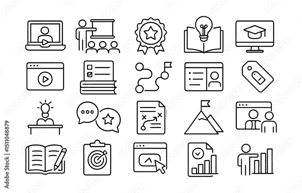 © Sergey - Line style icons of learning and development: online course, training session, certificate badge, knowledge base, e-learning icon, tutorial video, reading list, learning path, course module, skill