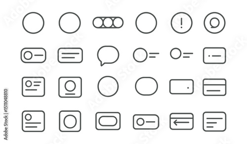 Line style icons of round UI components: round card icon, round chip icon, round tab set, round badge icon, round alert box, round status label, round banner message, round tooltip bubble, round list